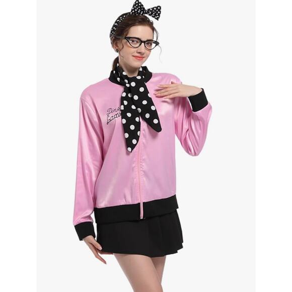 NEW Grease 1950s Pink Lady's Satin Jacket Halloween Costume 6 Piece Set Sz Small - Picture 1 of 7